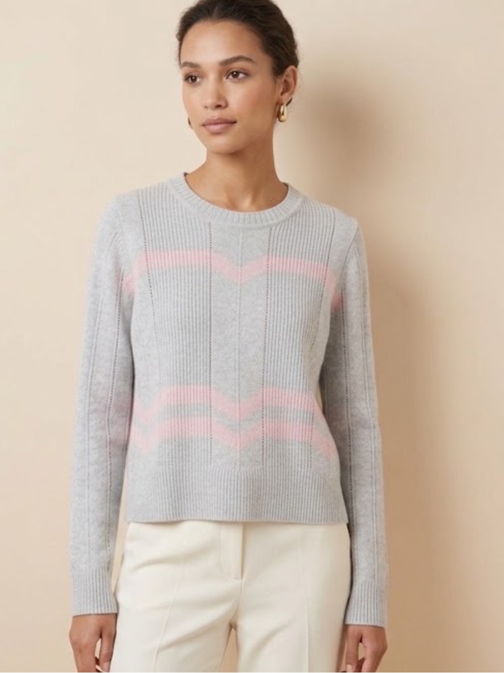 Duffy Cashmere Sweater with Soft Pink Chevron Stripes Crew Sweater